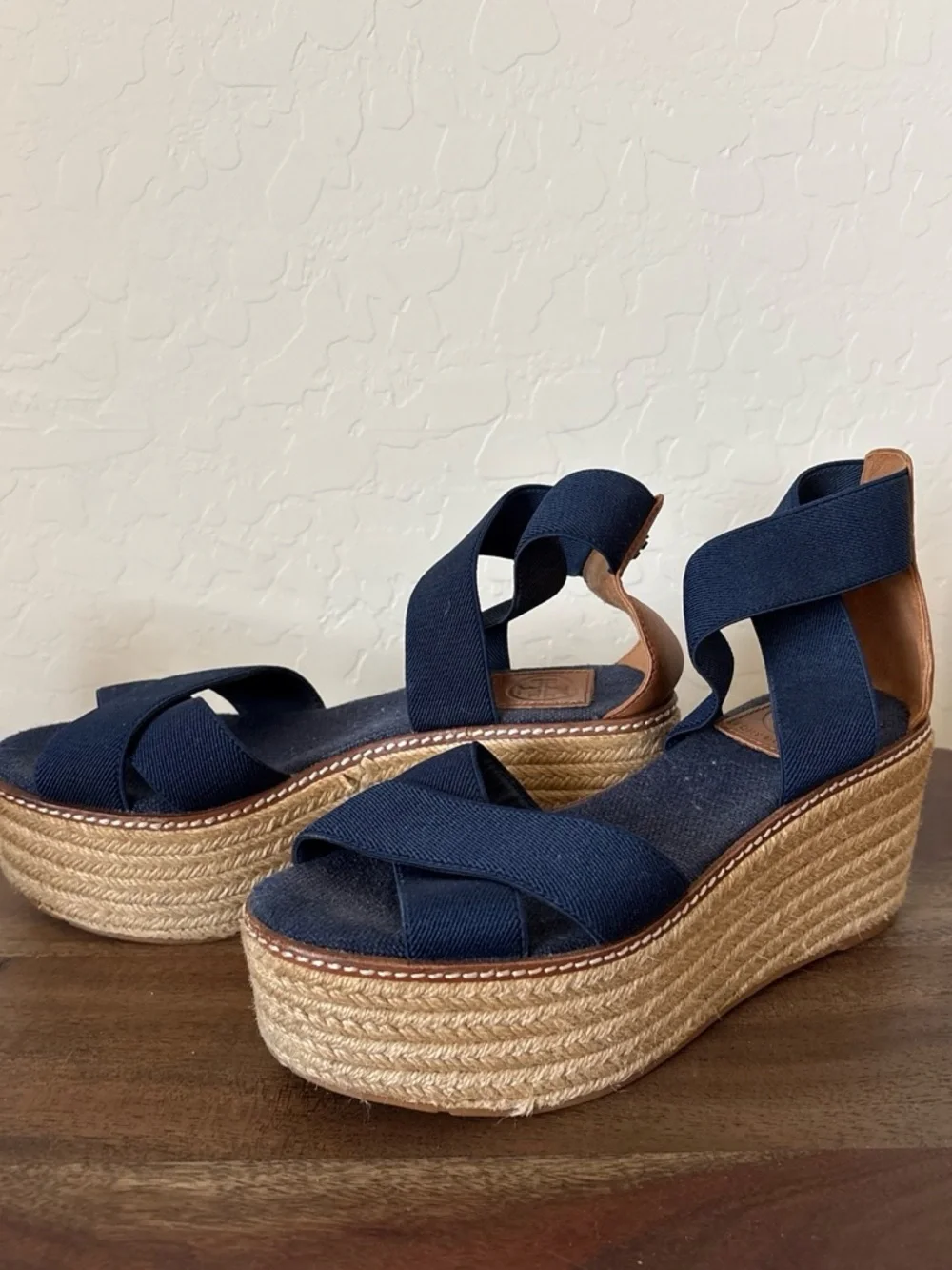 Tory Burch Navy Espadrille Platform Wedge Sandals. 7.5